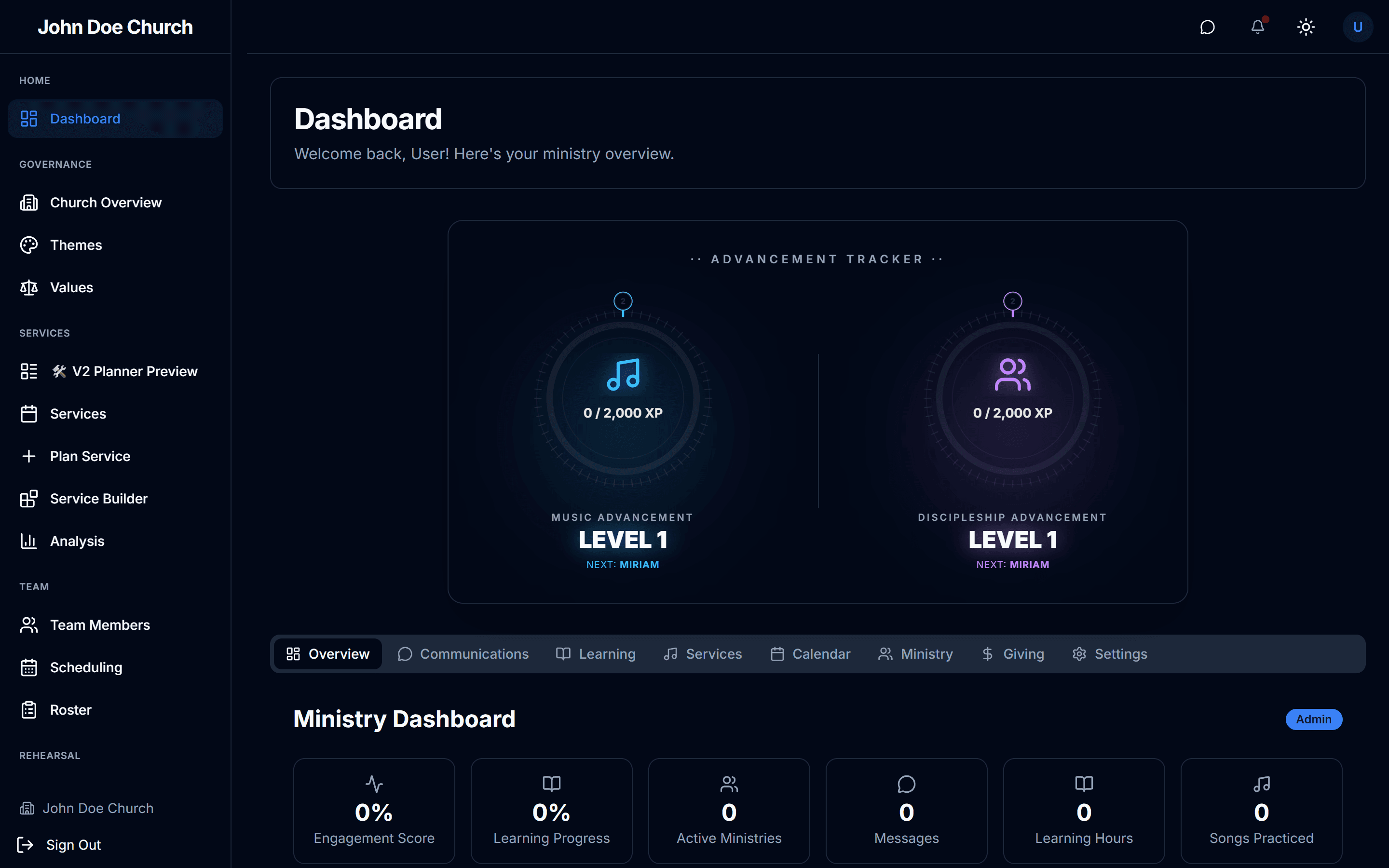 Ministry Motion dashboard — ministry overview with advancement tracking
